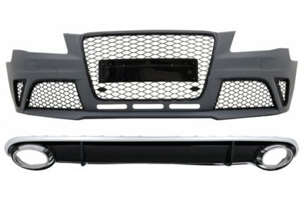 Front Bumper with Rear Bumper Valance Diffuserand Exhaust Tips suitable for Audi A4 B8 Pre-Facelift (2008-2011) RS4 Design