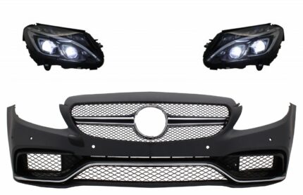 Front Bumper suitable for Mercedes C-Class W205 S205 (2014-2018) Limousine T-Model with Full LED Headlights Conversion Upgrade for Halogen LHD