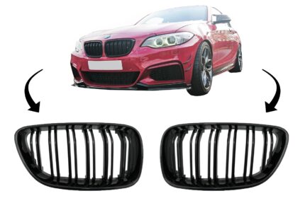 Central Kidney Grilles suitable for BMW 2 Series F22 F23 F87 (2014-up) Double Stripe M Design Piano Black