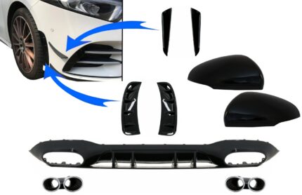Rear Diffuser with Front Side Vents and Flaps Side Fins & Mirror Cover suitable for Mercedes A-Class V177 Sedan (2018-2022) Chrome Exhaust
