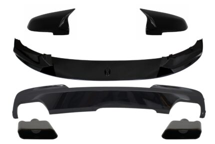 Front Bumper Spoiler Lip with Mirror Covers and Diffuser & Exhaust Muffler Tips Black suitable for BMW 5 Series F10 F11 Sedan Touring (2015-2017) M-Performance Design
