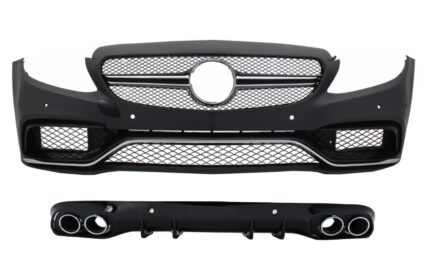 Front Bumper with Diffuser Double Outlet and Exhaust Tips suitable for Mercedes C-Class C205 Coupe A205 Cabriolet (2014-2019) C63 Design