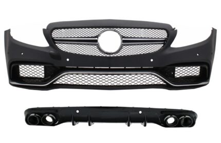 Front Bumper with Diffuser Double Outlet and Exhaust Tips suitable for Mercedes C-Class C205 Coupe A205 Cabriolet (2014-2019) C63 Design